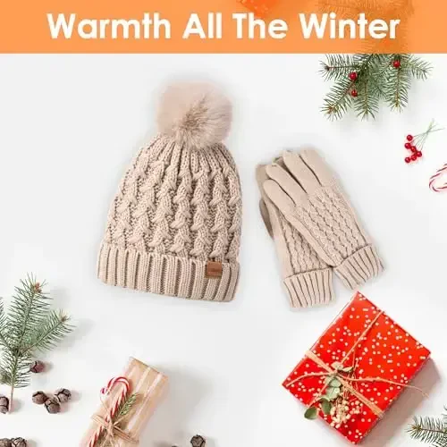 Women Winter Beanie Hat Gloves Set Pom Hat with Warm Fleece Lined Touchscreen Gloves for Cold Weather - 5
