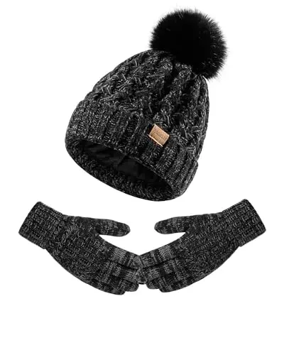 Women Winter Beanie Hat Gloves Set Pom Hat with Warm Fleece Lined Touchscreen Gloves for Cold Weather - 1