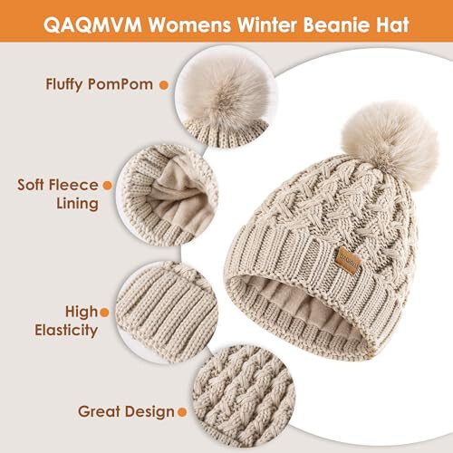 Women Winter Beanie Hat Scarf Gloves Set Pom Hat with Warm Fleece Lined Long Knit Scarf Touchscreen Gloves for Cold Weather - 1