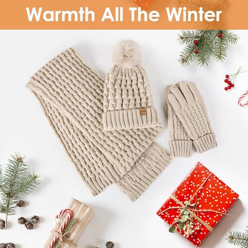 Women Winter Beanie Hat Scarf Gloves Set Pom Hat with Warm Fleece Lined Long Knit Scarf Touchscreen Gloves for Cold Weather - 6