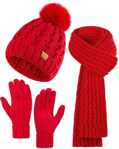 Women Winter Beanie Hat Scarf Gloves Set Pom Hat with Warm Fleece Lined Long Knit Scarf Touchscreen Gloves for Cold Weather - 7