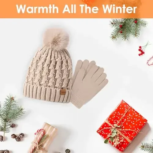 Women Winter Beanie Hat Scarf Gloves Set Pom Hat with Warm Fleece Lined Long Knit Scarf Touchscreen Gloves for Cold Weather - Modazone (1)