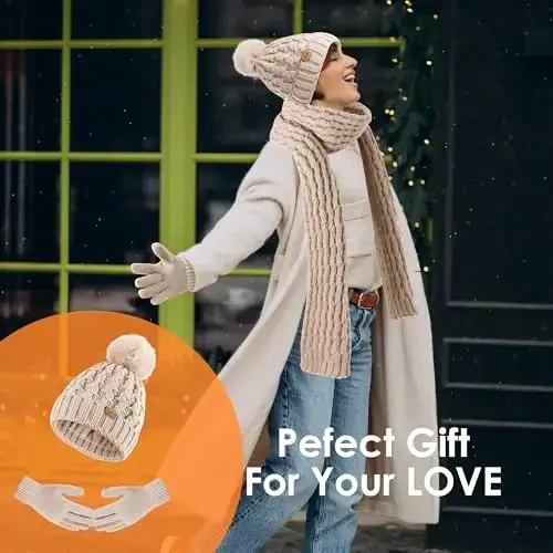 Women Winter Beanie Hat Scarf Gloves Set Pom Hat with Warm Fleece Lined Long Knit Scarf Touchscreen Gloves for Cold Weather - 3