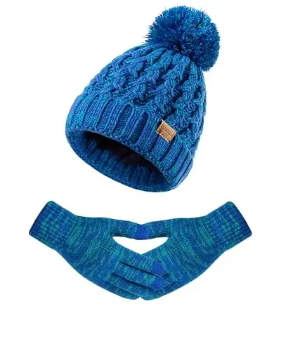 Women Winter Beanie Hat Scarf Gloves Set Pom Hat with Warm Fleece Lined Long Knit Scarf Touchscreen Gloves for Cold Weather - 5