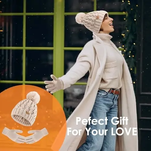 Women Winter Beanie Hat Scarf Gloves Set Pom Hat with Warm Fleece Lined Long Knit Scarf Touchscreen Gloves for Cold Weather - 6