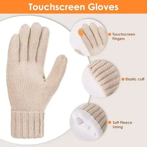 Women Winter Beanie Hat Scarf Gloves Set Pom Hat with Warm Fleece Lined Long Knit Scarf Touchscreen Gloves for Cold Weather 