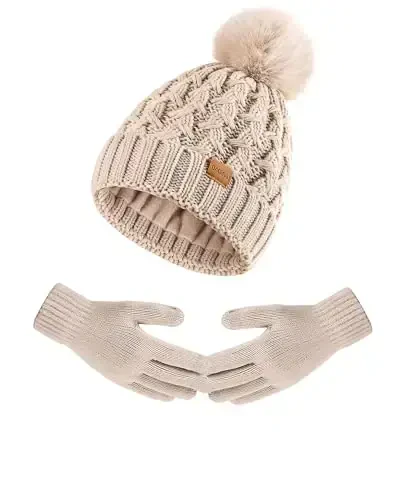 Women Winter Beanie Hat Scarf Gloves Set Pom Hat with Warm Fleece Lined Long Knit Scarf Touchscreen Gloves for Cold Weather - 5