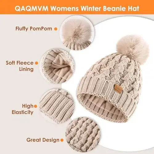 Women Winter Beanie Hat Scarf Gloves Set Pom Hat with Warm Fleece Lined Long Knit Scarf Touchscreen Gloves for Cold Weather - 3