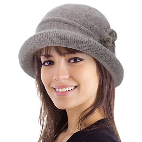 Women Winter Knit 1920s Vintage Bucket Bowler Hat Round Brim Warm Hat - 1