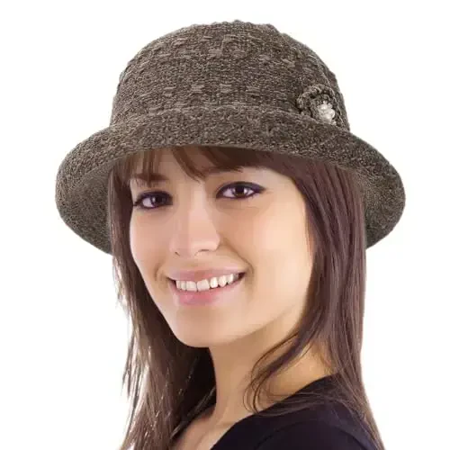 Women Winter Knit 1920s Vintage Bucket Bowler Hat Round Brim Warm Hat - 1