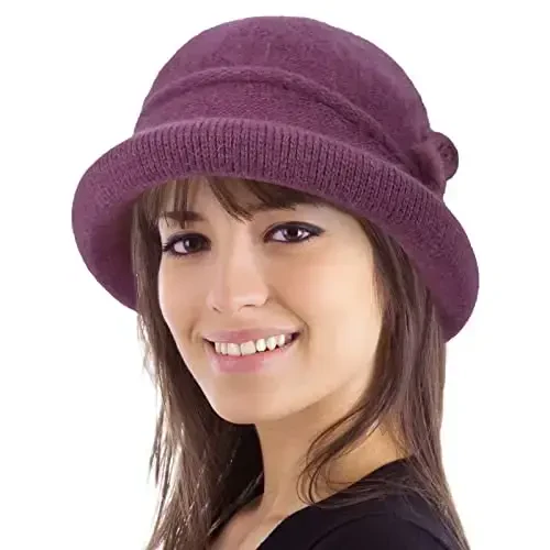 Women Winter Knit 1920s Vintage Bucket Bowler Hat Round Brim Warm Hat - 1