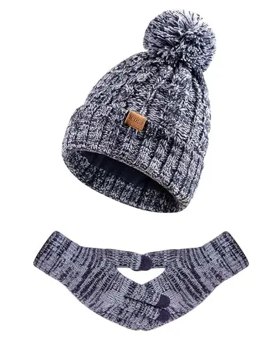 Women Winter Knit Warm Hat Beanie Gloves Set Pom Fleece Lined Hat with Touchscreen Gloves - 5