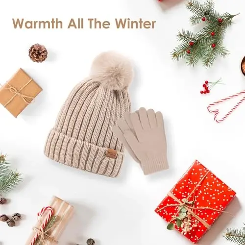 Women Winter Knit Warm Hat Beanie Gloves Set Pom Fleece Lined Hat with Touchscreen Gloves - 6