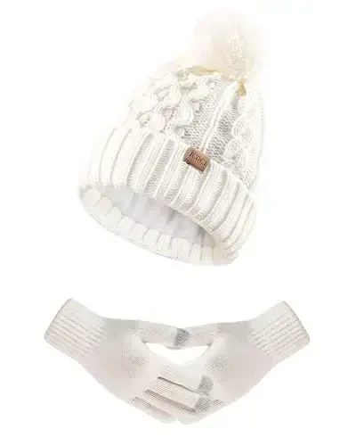 Women Winter Knit Warm Hat Beanie Gloves Set Pom Fleece Lined Hat with Touchscreen Gloves - 1