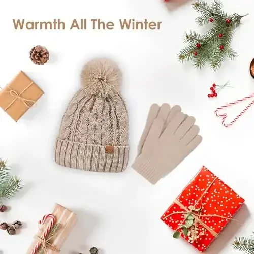 Women Winter Knit Warm Hat Beanie Gloves Set Pom Fleece Lined Hat with Touchscreen Gloves - 6