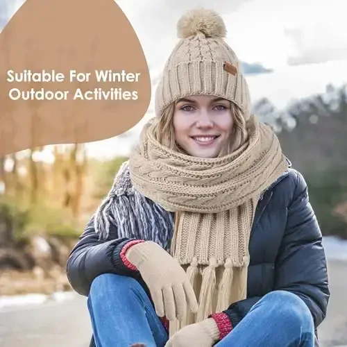 Women Winter Knit Warm Hat Beanie Gloves Set Pom Fleece Lined Hat with Touchscreen Gloves - 5