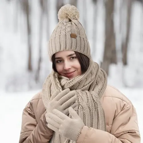 Women Winter Knit Warm Hat Beanie Gloves Set Pom Fleece Lined Hat with Touchscreen Gloves - 4