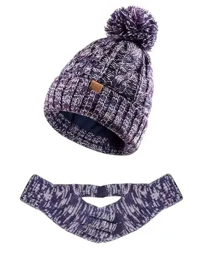 Women Winter Knit Warm Hat Beanie Gloves Set Pom Fleece Lined Hat with Touchscreen Gloves 