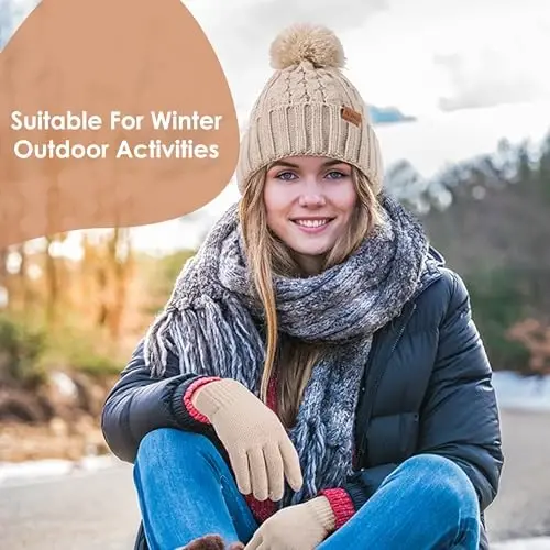 Women Winter Knit Warm Hat Beanie Gloves Set Pom Fleece Lined Hat with Touchscreen Gloves - 5
