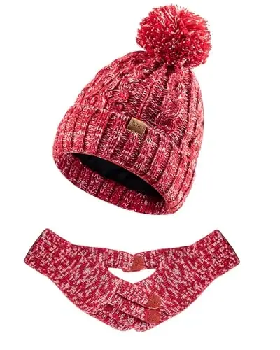 Women Winter Knit Warm Hat Beanie Gloves Set Pom Fleece Lined Hat with Touchscreen Gloves - 1