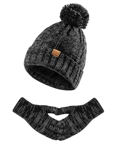 Women Winter Knit Warm Hat Beanie Gloves Set Pom Fleece Lined Hat with Touchscreen Gloves - 1