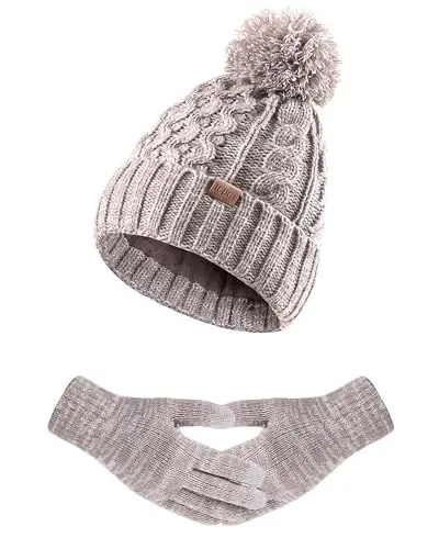 Women Winter Knit Warm Hat Beanie Gloves Set Pom Fleece Lined Hat with Touchscreen Gloves - 1