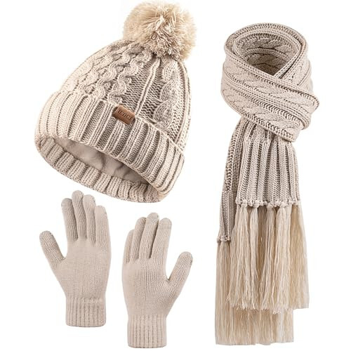 Women Winter Knit Warm Hat Beanie Scarf Gloves Set Pom Fleece Lined Hat with Long Knit Scarf, Neck Warmer Touchscreen Gloves - 1