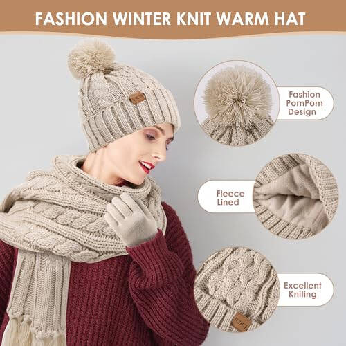 Women Winter Knit Warm Hat Beanie Scarf Gloves Set Pom Fleece Lined Hat with Long Knit Scarf, Neck Warmer Touchscreen Gloves - 2