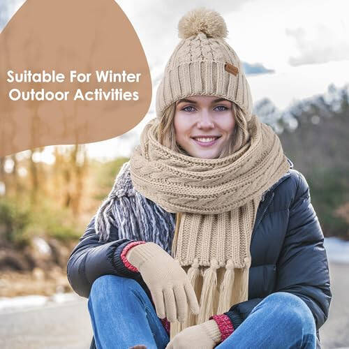 Women Winter Knit Warm Hat Beanie Scarf Gloves Set Pom Fleece Lined Hat with Long Knit Scarf, Neck Warmer Touchscreen Gloves - 6