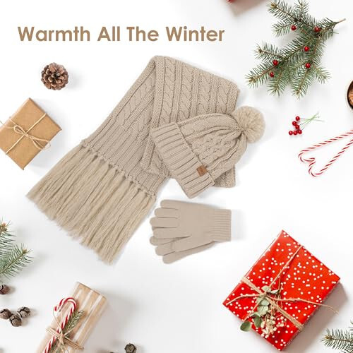 Women Winter Knit Warm Hat Beanie Scarf Gloves Set Pom Fleece Lined Hat with Long Knit Scarf, Neck Warmer Touchscreen Gloves - 7