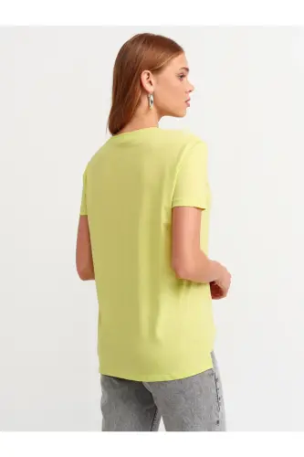 Women Yellow 3470 V Neck Basic T-shirt-Lime - 2