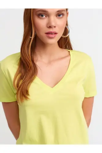 Women Yellow 3470 V Neck Basic T-shirt-Lime - 3
