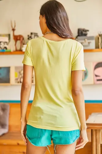 Women Yellow V Neck Basic Knitted Viscose T-Shirt TSH-190 - OLALOOK (1)