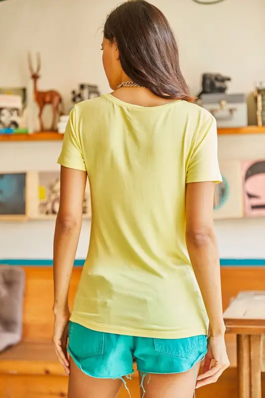 Women Yellow V Neck Basic Knitted Viscose T-Shirt TSH-190 - 2