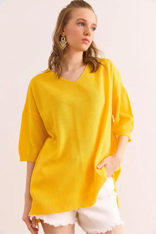 Women Yellow V Neck Short Sleeve Flowy Blouse BLZ-1900 - OLALOOK