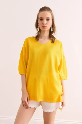 Women Yellow V Neck Short Sleeve Flowy Blouse BLZ-1900 - 8