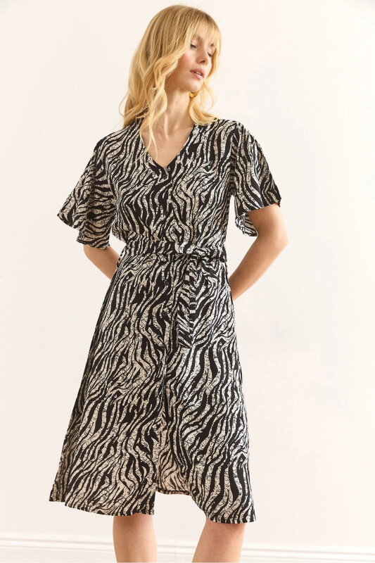 Women Zebra Black V Neck Belted Woven Mini Dress - OLALOOK
