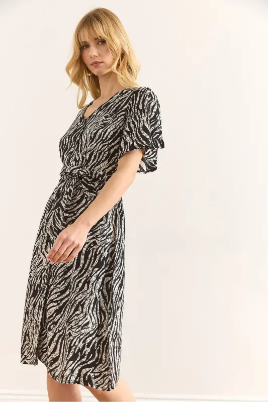 Women Zebra Black V Neck Belted Woven Mini Dress - 2