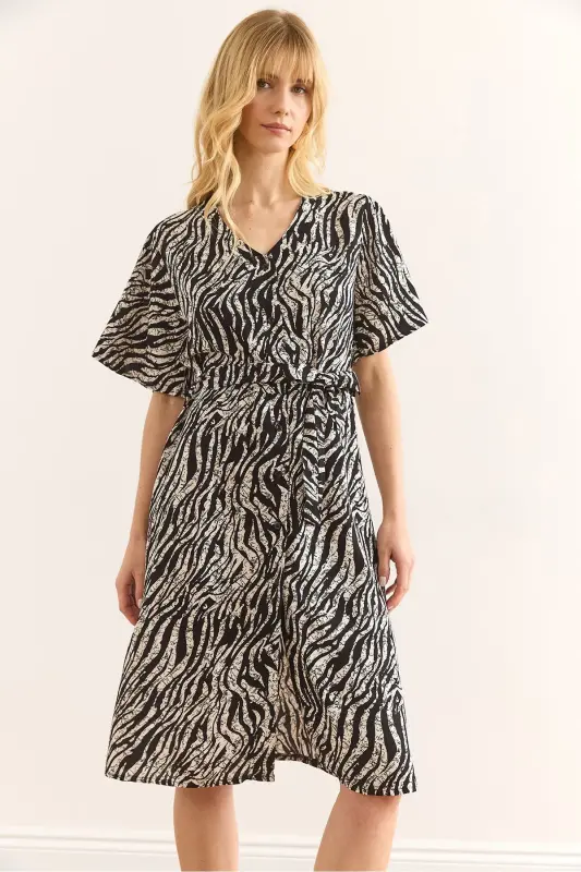 Women Zebra Black V Neck Belted Woven Mini Dress - 3