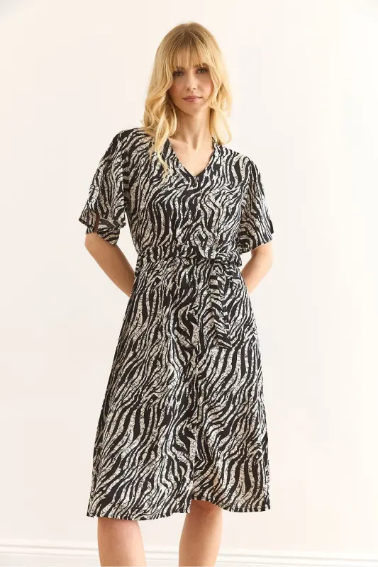 Women Zebra Black V Neck Belted Woven Mini Dress - 4