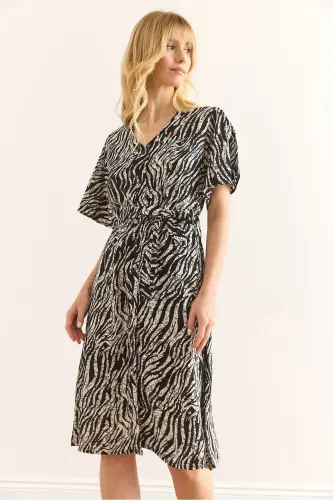 Women Zebra Black V Neck Belted Woven Mini Dress - 5