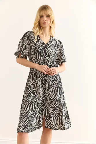 Women Zebra Black V Neck Belted Woven Mini Dress - 6