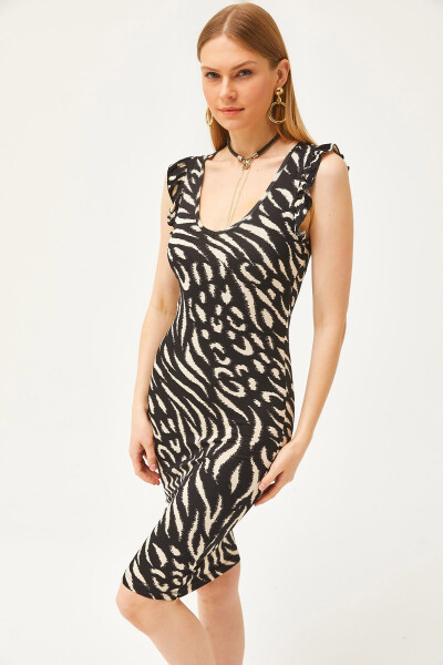 Women Zebra Black V Neck Shoulder Ruffle Crystal Viscose Dress ELB-19002060 - 1