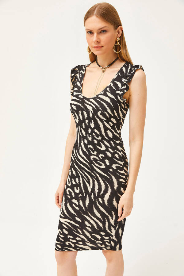 Women Zebra Black V Neck Shoulder Ruffle Crystal Viscose Dress ELB-19002060 - 3