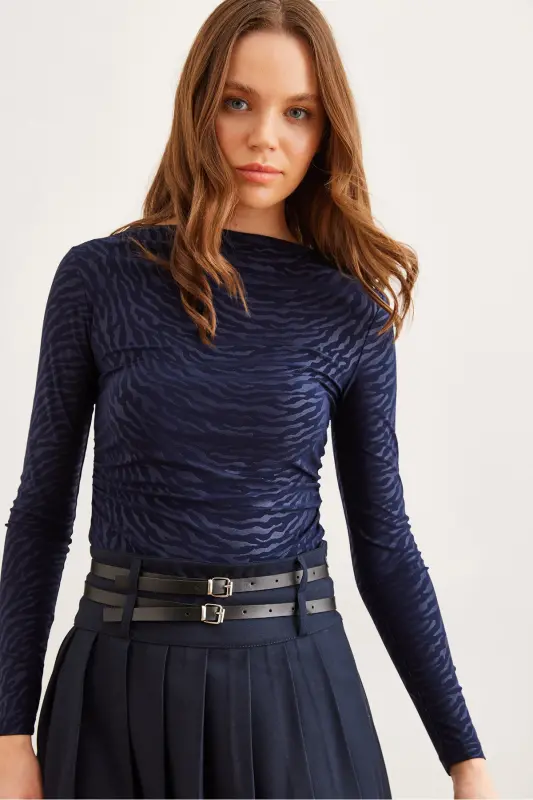 Women Zebra Navy Boat Neck Sandy Blouse BLZ-19002803-Zebra Navy - 9