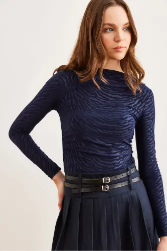 Women Zebra Navy Boat Neck Sandy Blouse BLZ-19002803-Zebra Navy - 4