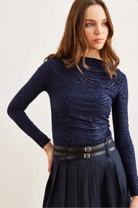 Women Zebra Navy Boat Neck Sandy Blouse BLZ-19002803-Zebra Navy - 4