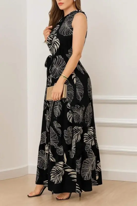 Women Zero Collar Laced Belted Ruffled Hem Patterned Supima Dress - 2