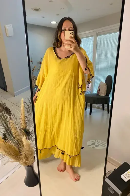 Women's 100% Cotton Summer Gauze Dress Mustard Yellow GLS16 - BÜYÜKBEDENIZ