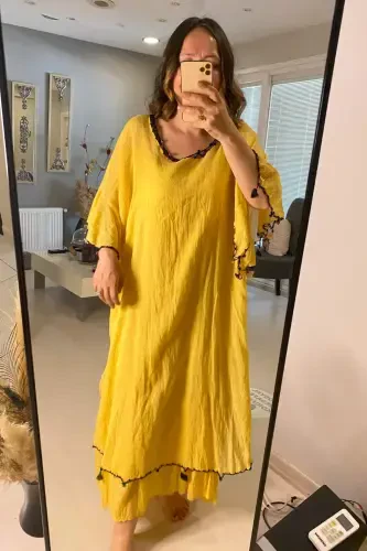 Women's 100% Cotton Summer Gauze Dress Mustard Yellow GLS16 - BÜYÜKBEDENIZ (1)